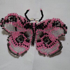 Barrette Hair clip Handmade beaded bright pink, black, crystal glass 4.5"